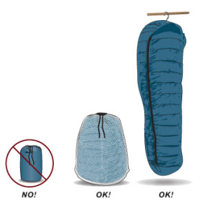 Store your sleeping bag clean and spacious to avoid damaging the down or synthetic material